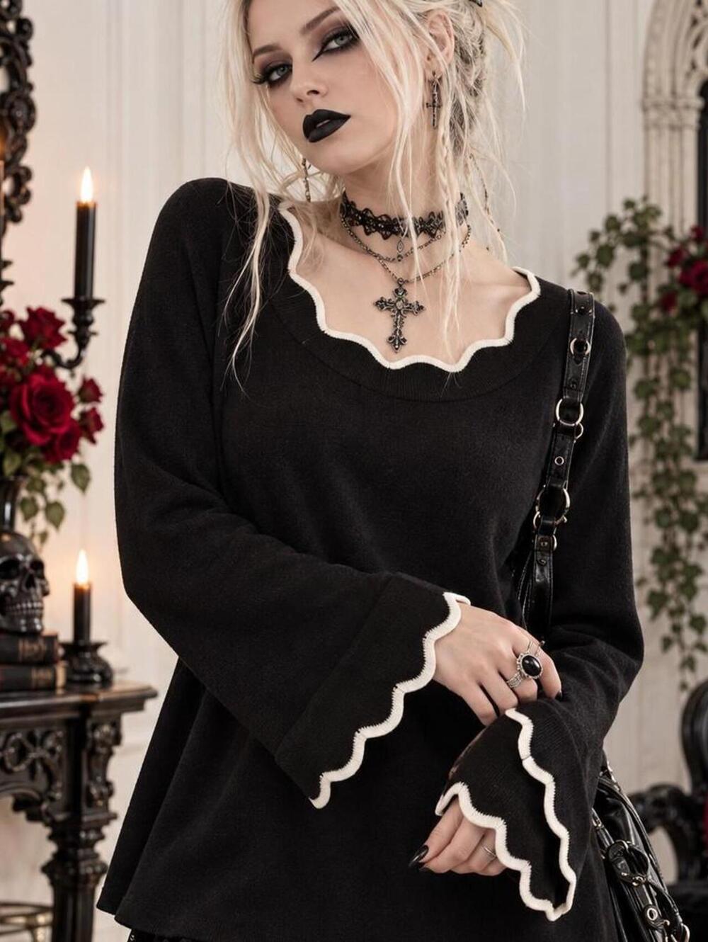 Rafaella black and white scalloped sweater Size L